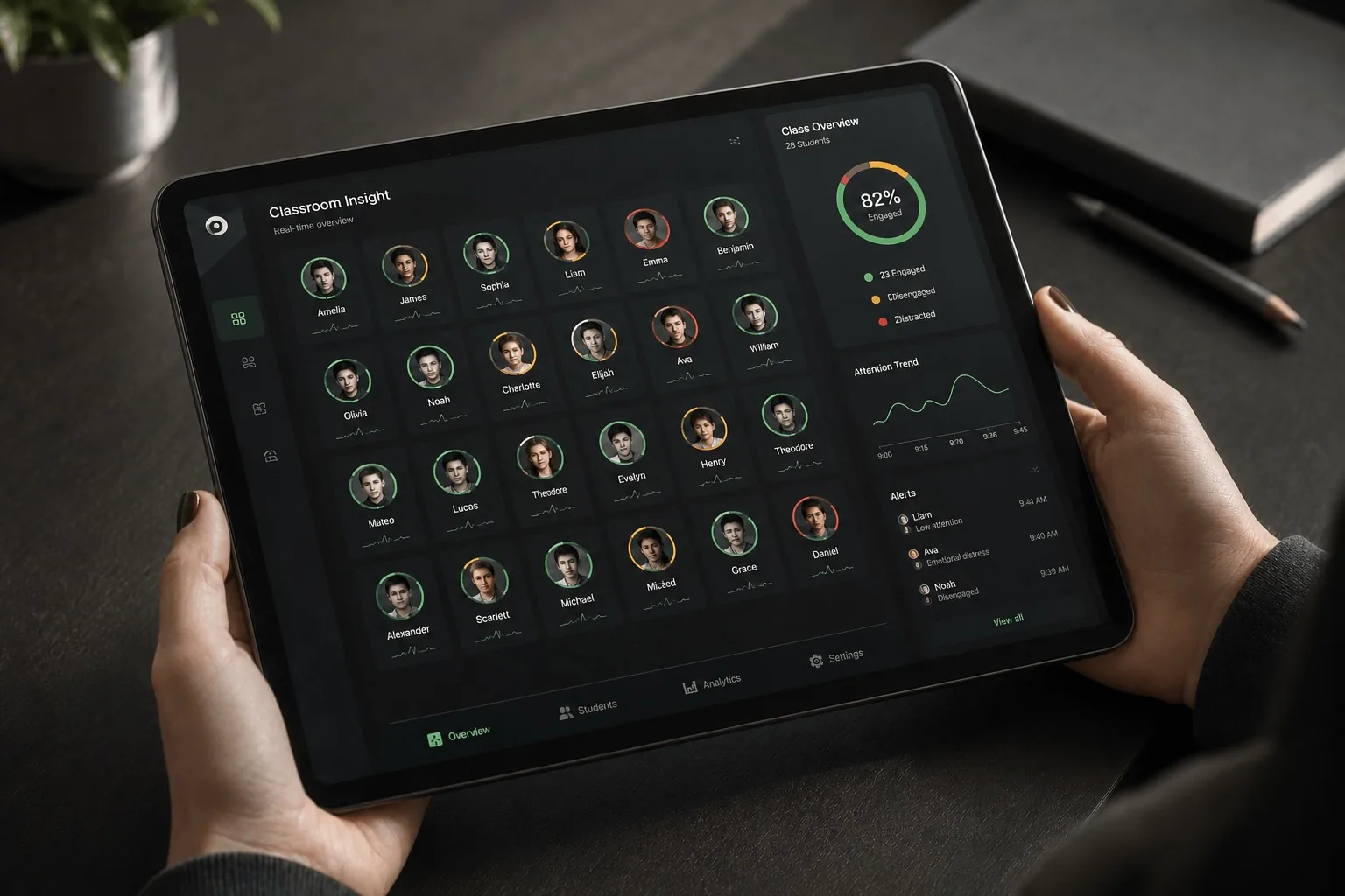 A tablet displays a classroom analytics dashboard with student attention and engagement data.