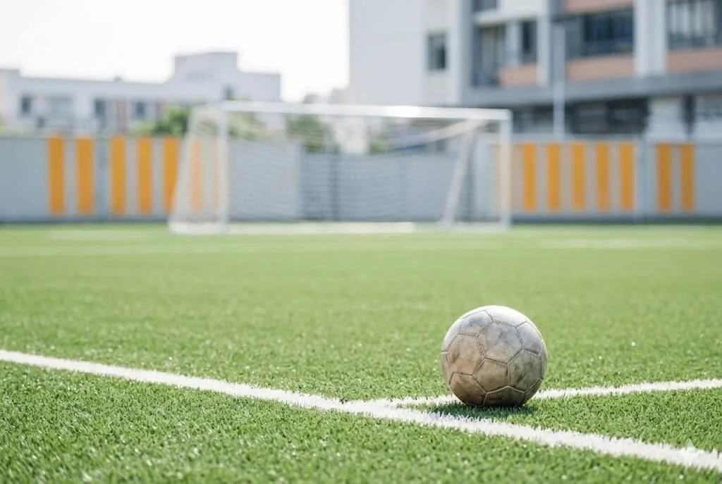 A worn football rests on the line of an artificial pitch, with an empty goal behind.