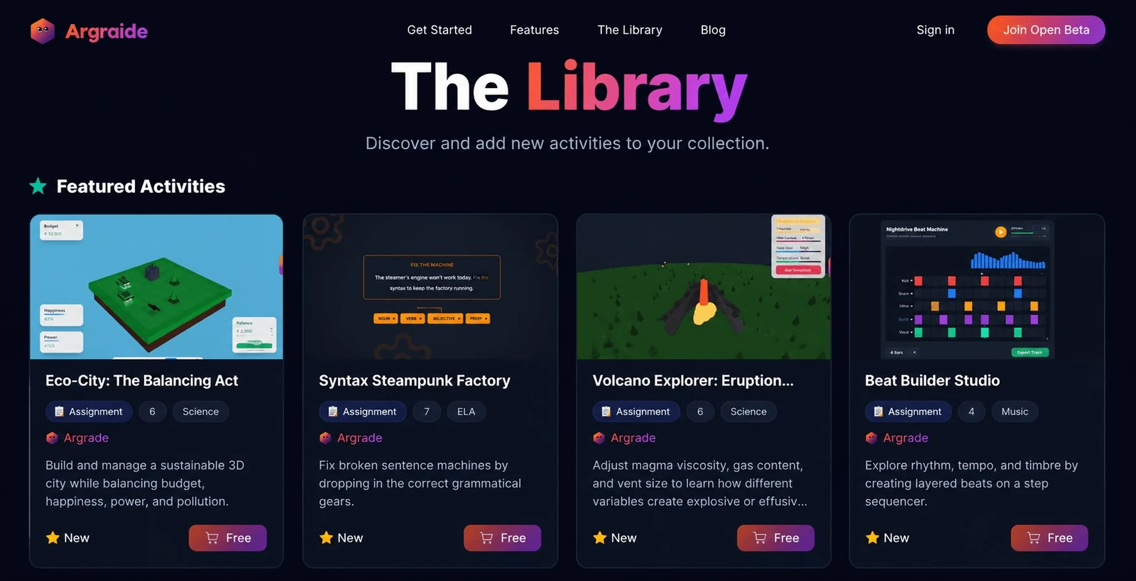 The Library page of the Argraide platform, showing featured learning activities for different subjects.