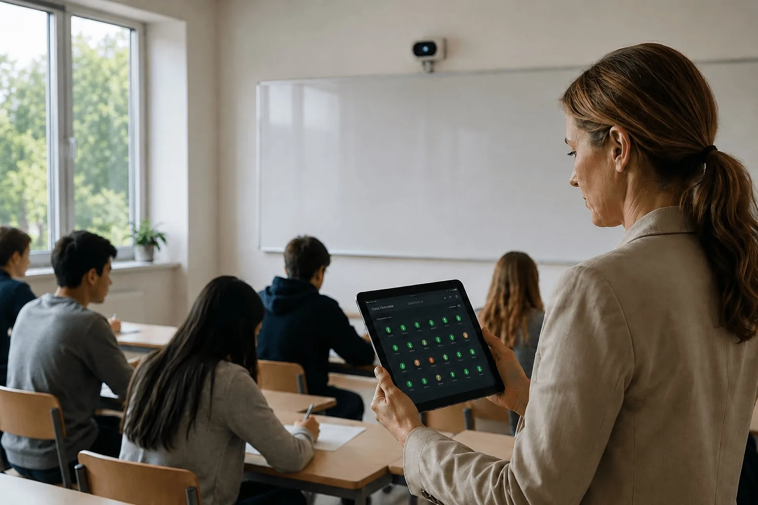 A teacher checks a tablet showing her students' attention scores, with a camera mounted above the whiteboard.