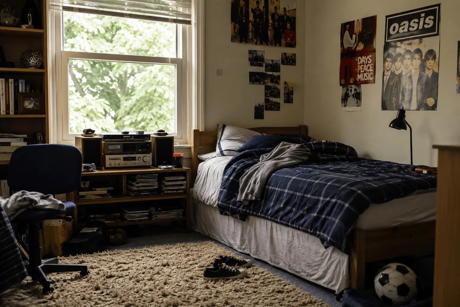 A teenager's bedroom with a plaid bedspread, a stereo and band posters on the wall.