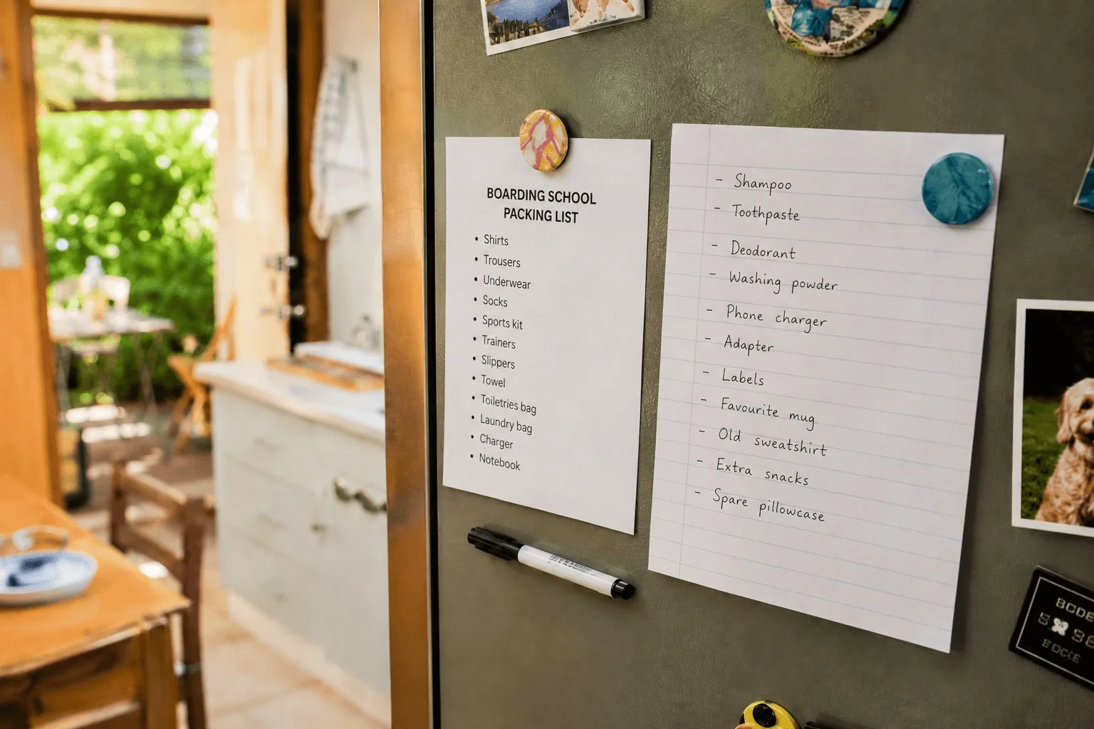 A boarding school packing list and a handwritten list of extras pinned to a fridge door.