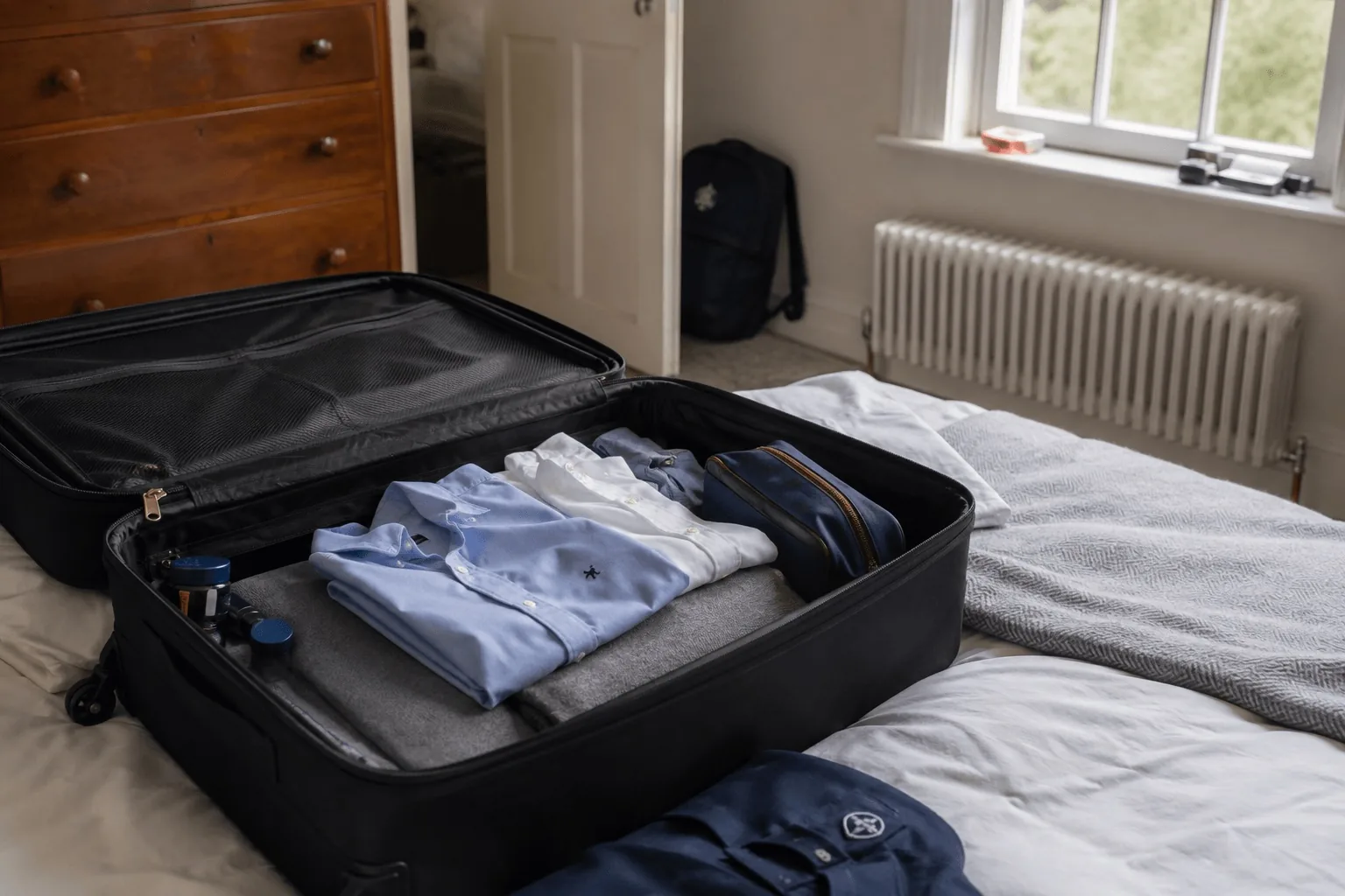 An open suitcase on a bed, packed with folded shirts and a toiletry bag.