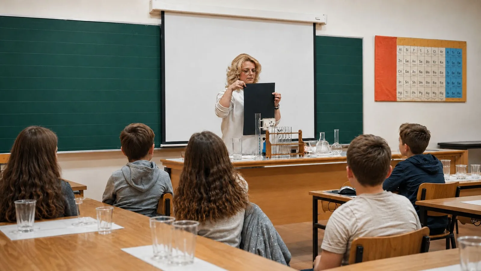 A teacher holds up a dark folder in front of her class, with a periodic table on the wall.
