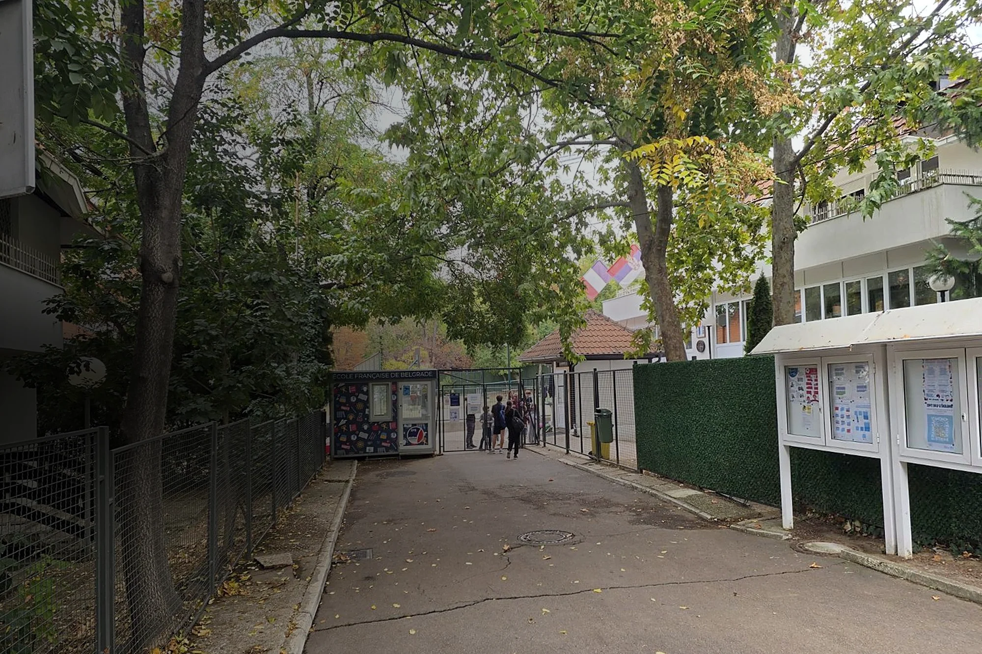 A tree-lined lane leading to the gate of the French School of Belgrade, with a kiosk marked École française de Belgrade, French and Serbian flags and pupils waiting at the entrance.