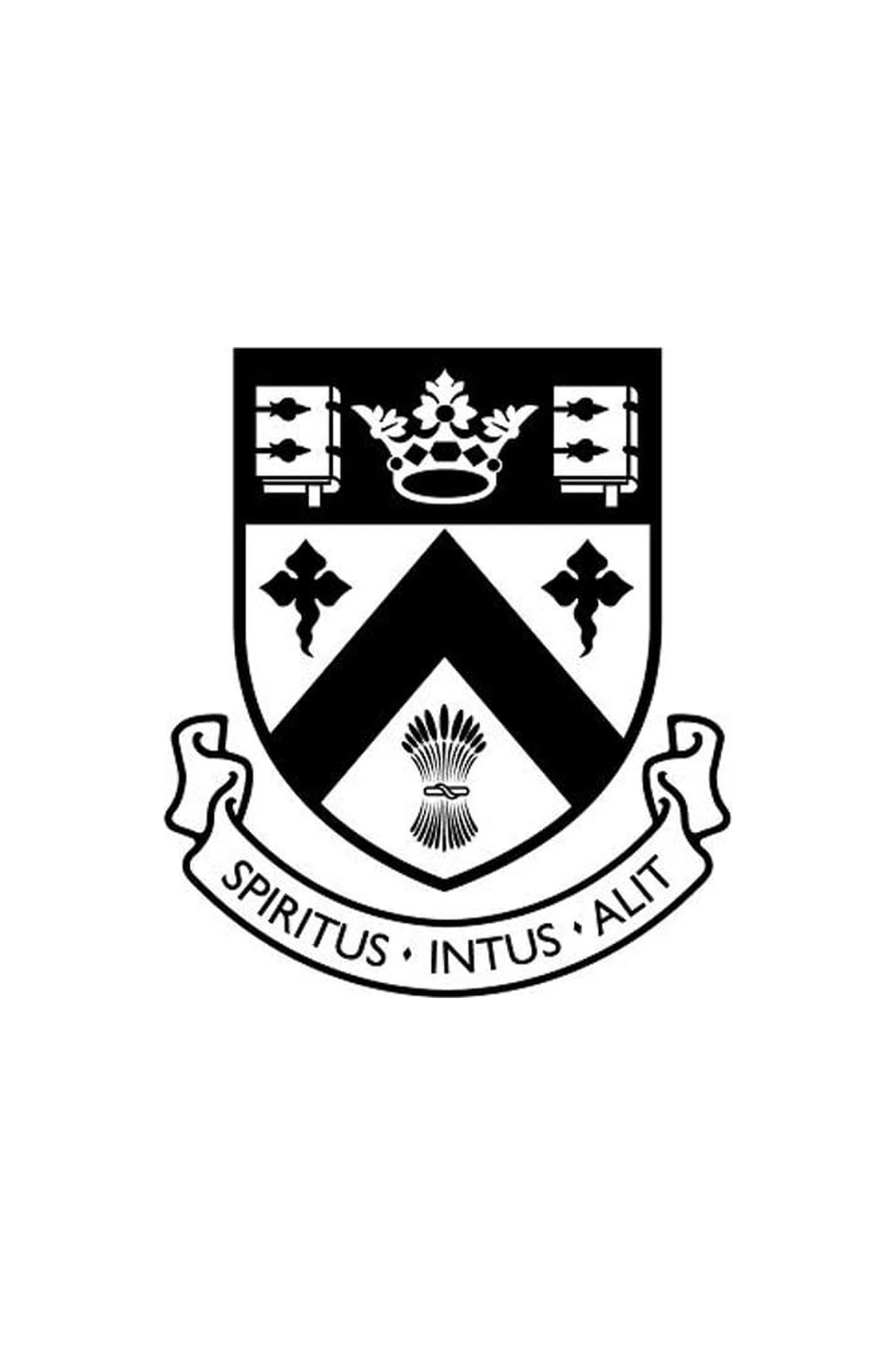 Clifton College crest: a chevron between two trefoils and a wheatsheaf, under a coronet between two books, with the motto Spiritus intus alit.