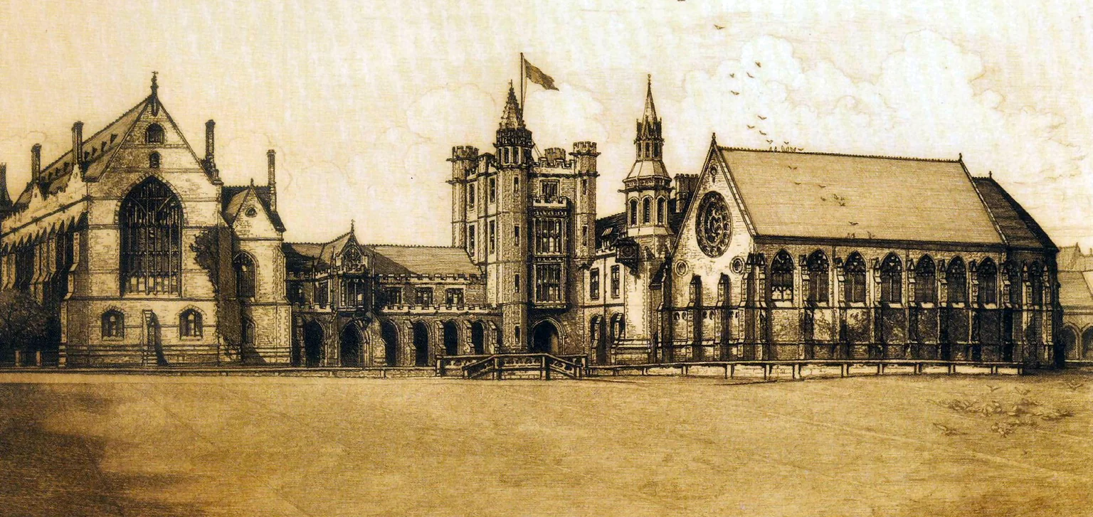 A sepia drawing of Clifton College from across the Close in 1898, with Big School, the towers and the chapel.