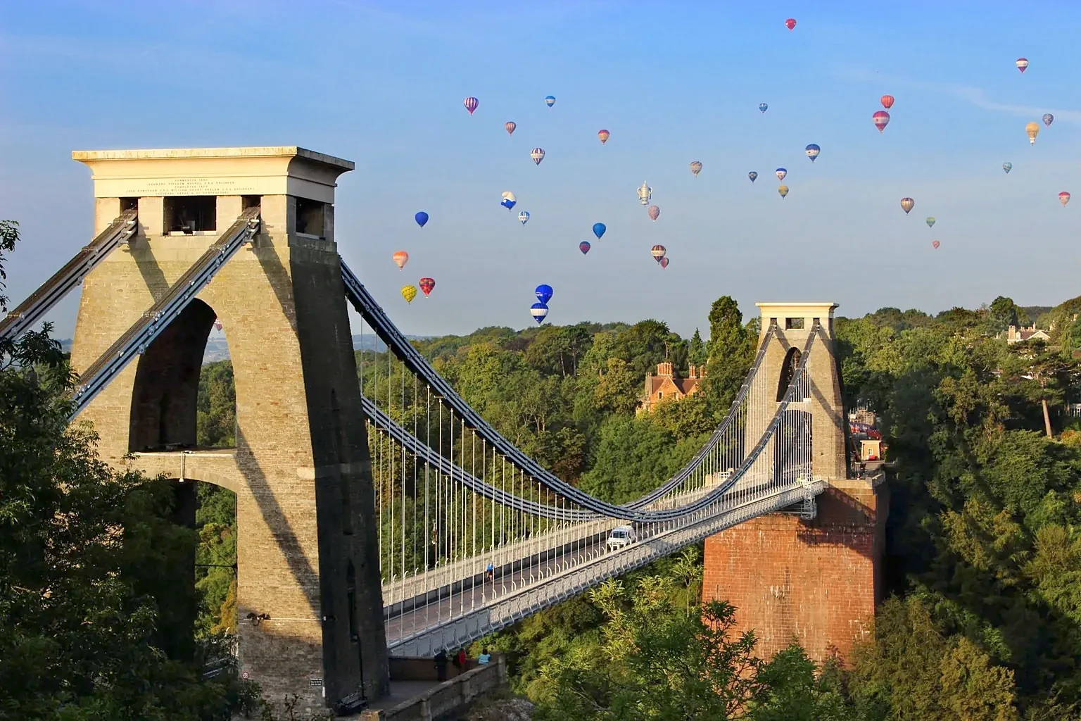Hot air balloons over the Clifton Suspension Bridge and the Avon Gorge.