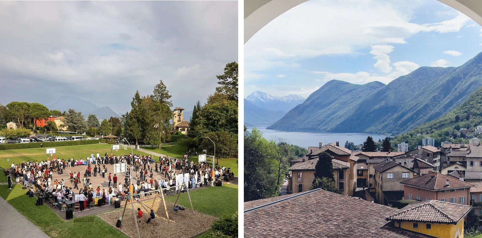 Left, a crowd gathered around stands on the campus basketball court, with Casa Fleming beyond the trees; right, Lake Lugano and the mountains seen through an arch above the village roofs.