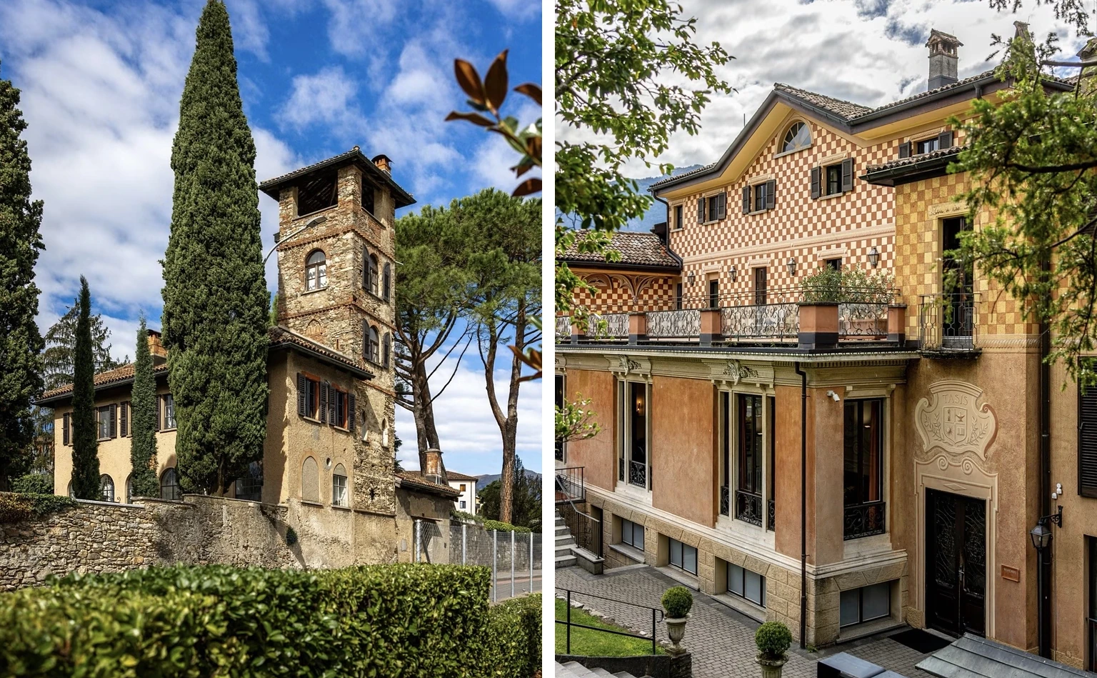 Left, the fifteenth-century tower of Casa Fleming among cypresses; right, the side of Villa De Nobili with its painted chequered upper floor.