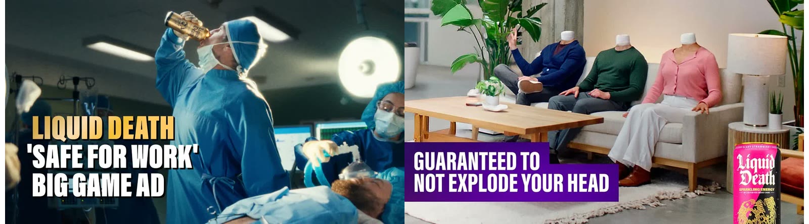 Stills from Liquid Death's 'Safe for Work' and 'Stop Exploding' Super Bowl ads