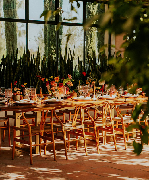 Sunlit wooden dining table set with glasses, plates, napkins, and colorful flower centerpieces beside large windows and tall plants.