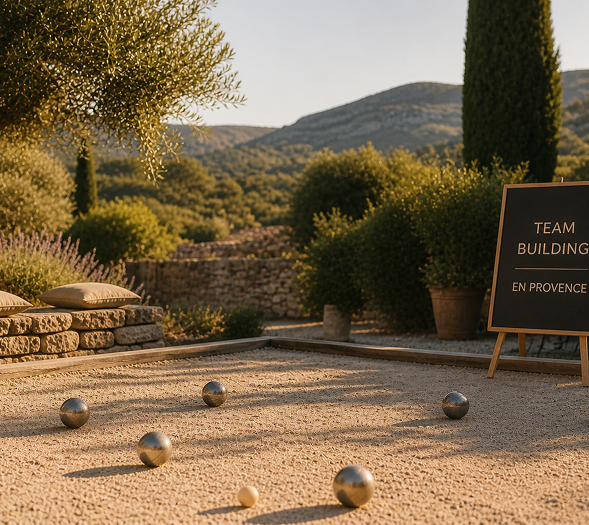Outdoor pétanque court with metal balls on gravel, stone seating with cushions, and a sign reading 'Team Building en Provence' in a scenic garden with hills and trees.