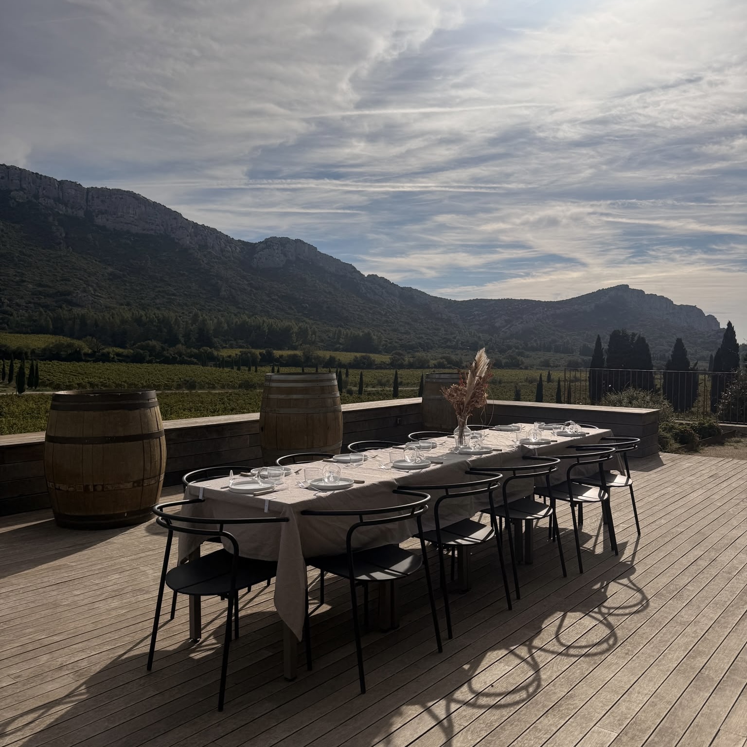 Table dressée pour un déjeuner d'équipe sur une terrasse face aux vignes en Provence