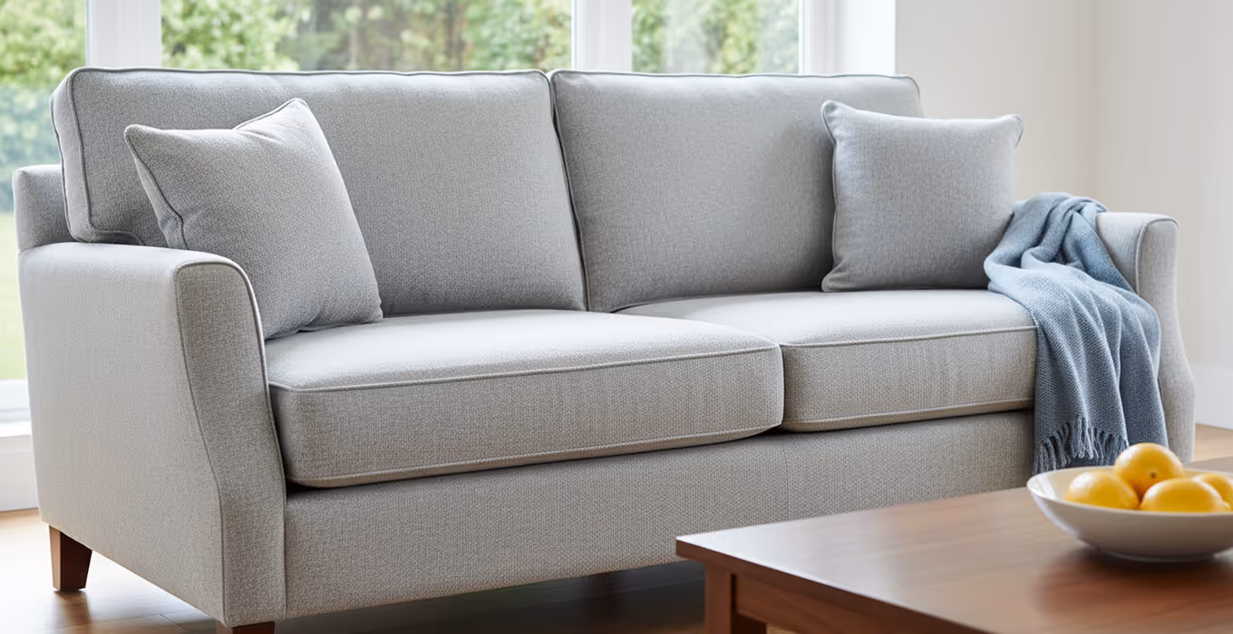Grijze stoffen bank met kussens en een blauwe deken in een lichte kamer met een houten tafel en kom citroenen.