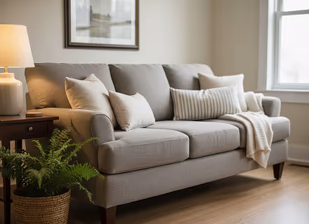 Grijze stoffen bank met kussens, een deken, een plantenmand en een lamp op een houten tafel.