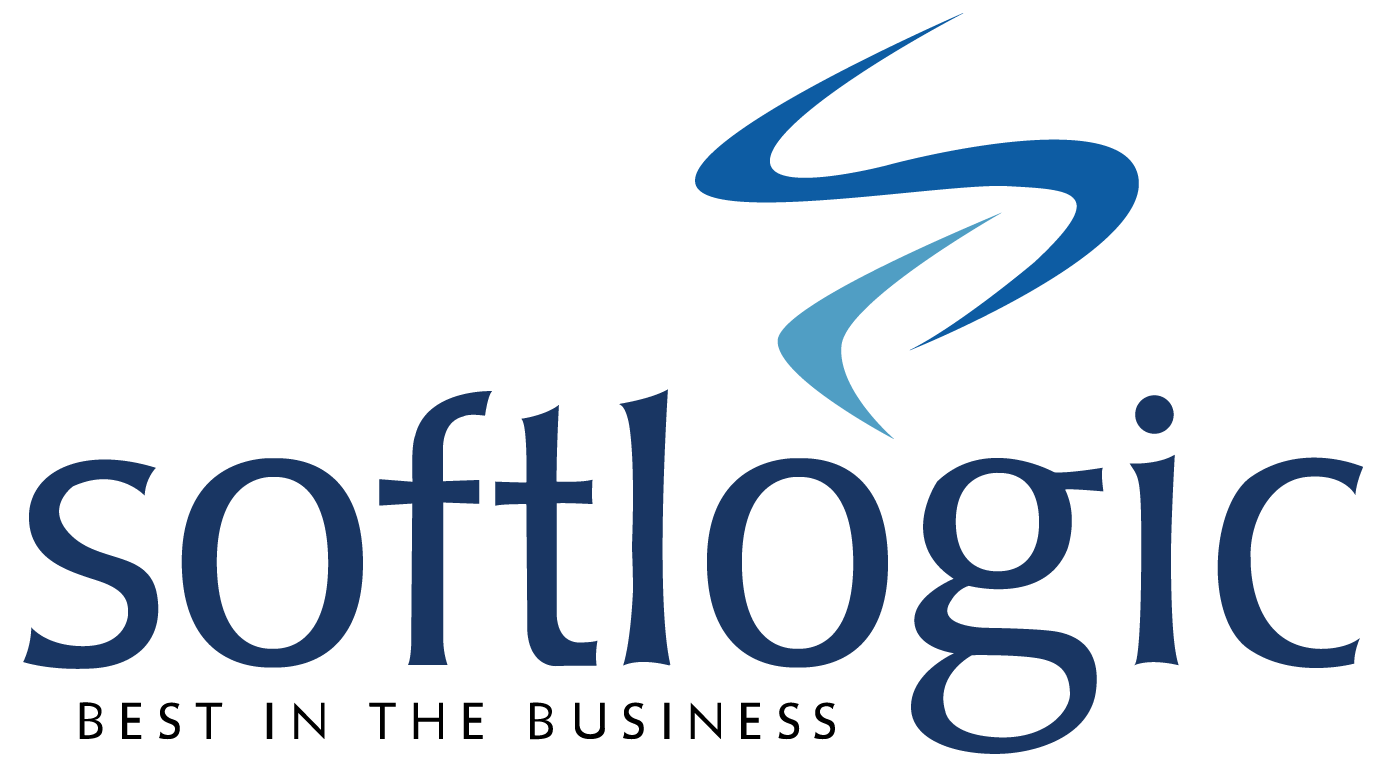 Softlogic logo with two curved shapes above the text, in dark and light blue colors.