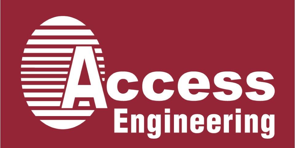 Access Engineering logo with a large A inside horizontal stripes oval on red background.