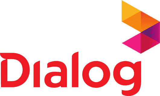 Dialog logo with text in red and orange, pink, purple geometric shapes above to the right.