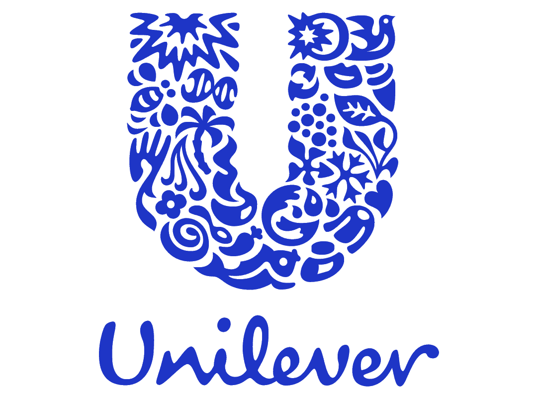 Unilever logo with a blue U made of various icons above the word Unilever in blue script.