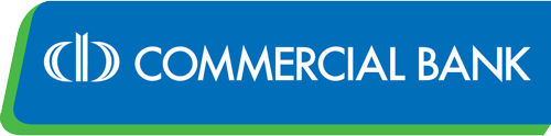 Commercial Bank logo with white text and a blue and green background shape.