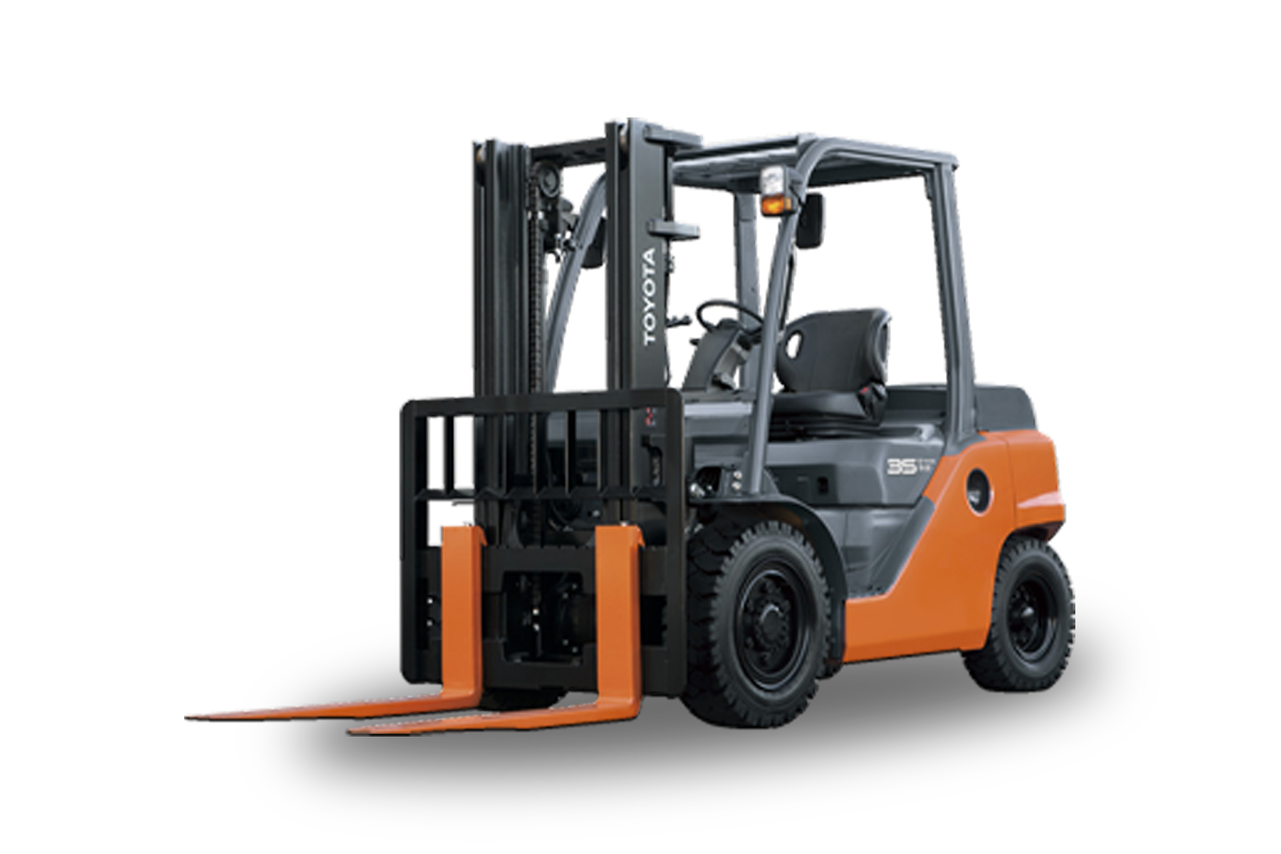 Orange and gray Toyota forklift with black tires and lifting forks extended.