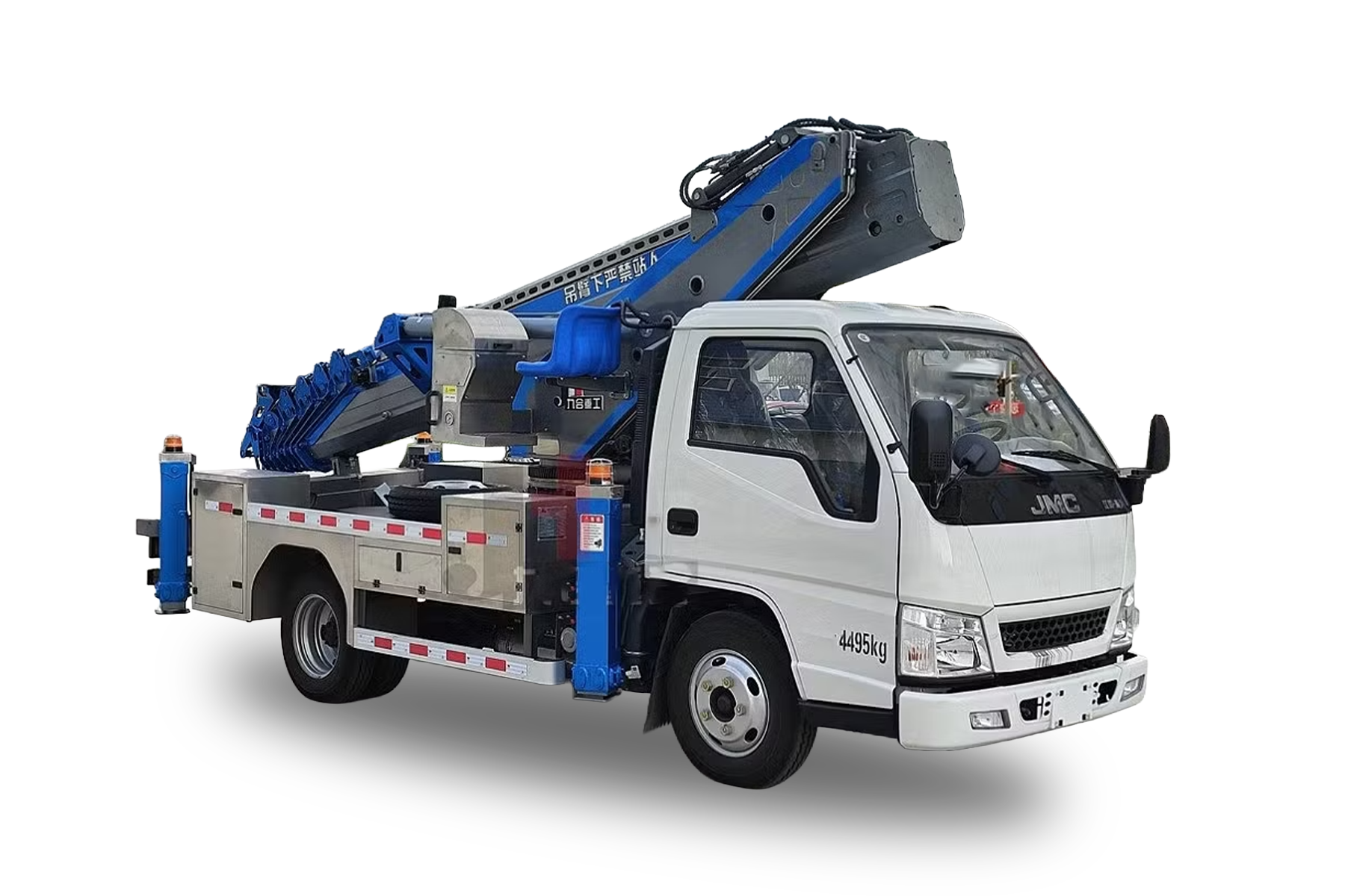 White JMC truck with mounted blue hydraulic lift arm and a blue seat on the lift platform.
