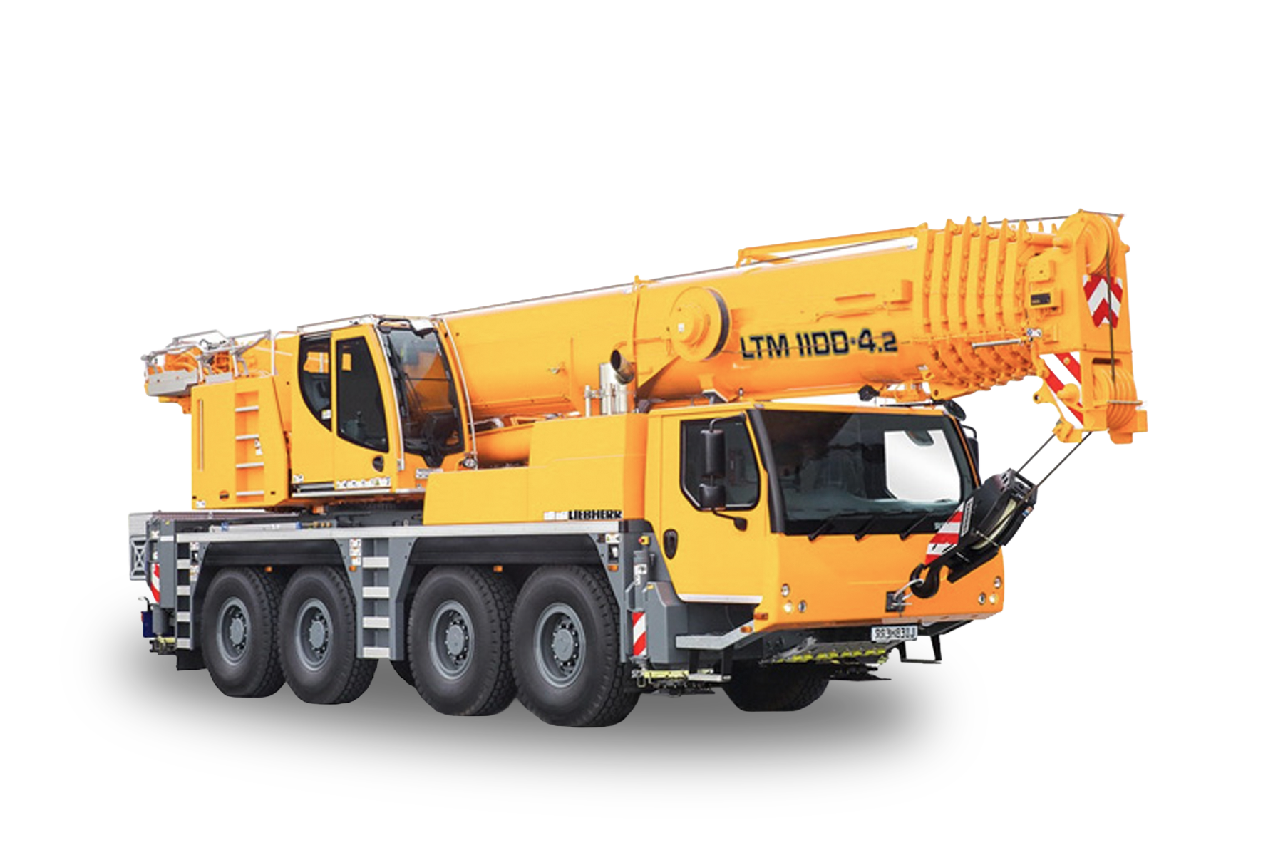 Yellow Liebherr mobile crane truck model LTM 1100-4.2 with an extended boom and eight wheels.