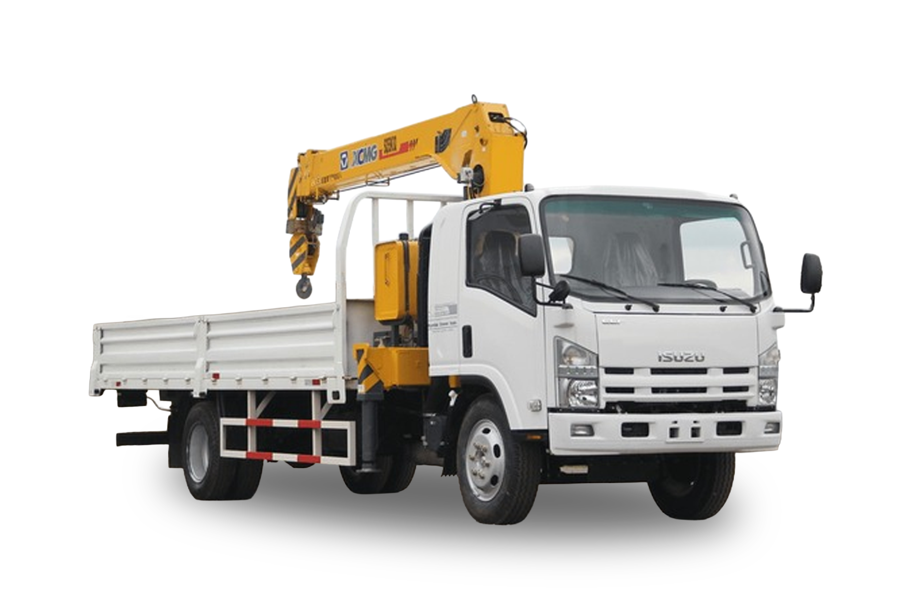 White Isuzu flatbed truck with mounted yellow crane boom for lifting heavy loads.