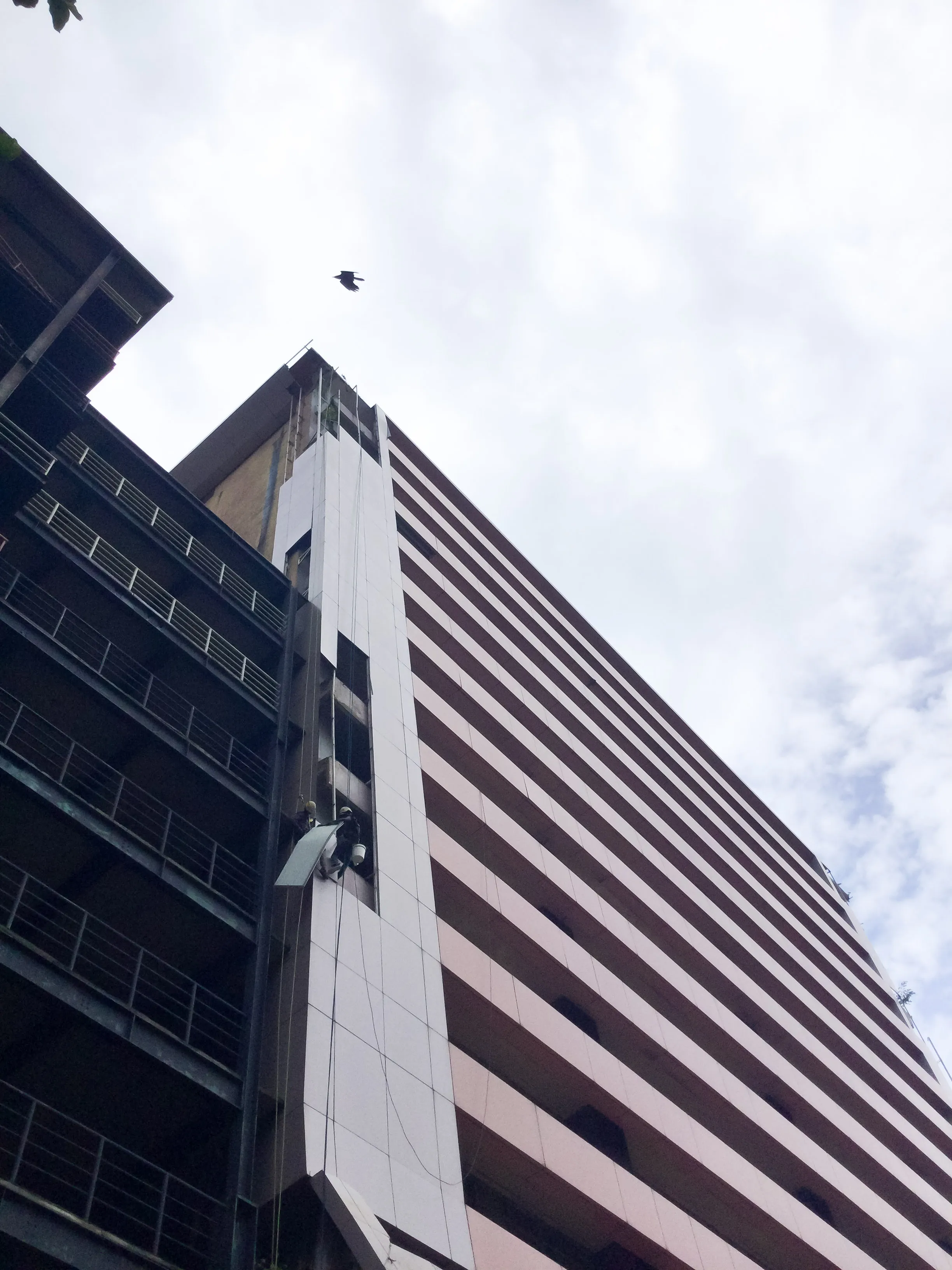 Workers suspended by ropes repairing the exterior panel of a tall building under a cloudy sky.