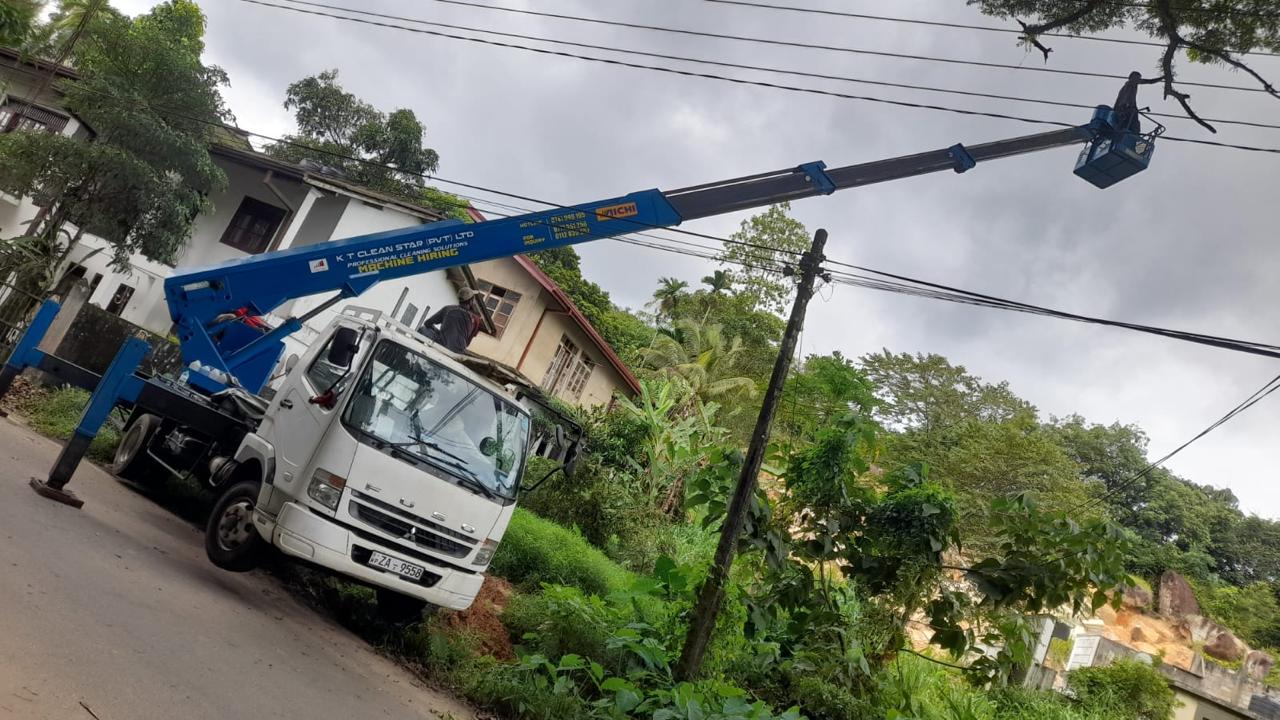 White truck with blue crane lifting worker pruning tree branches near houses and power lines.