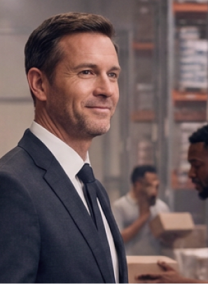 Man in suit and tie smiling, standing in a warehouse with two workers handling packages in background.