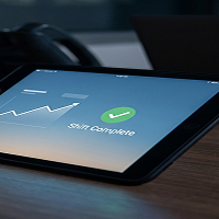 Tablet on desk shows a screen with a green check and text saying "Shift Complete".
