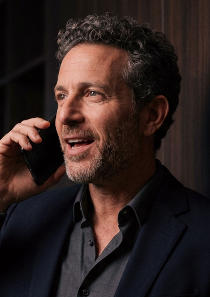 Middle-aged man with curly gray hair and beard talking on a phone, wearing dark blazer.