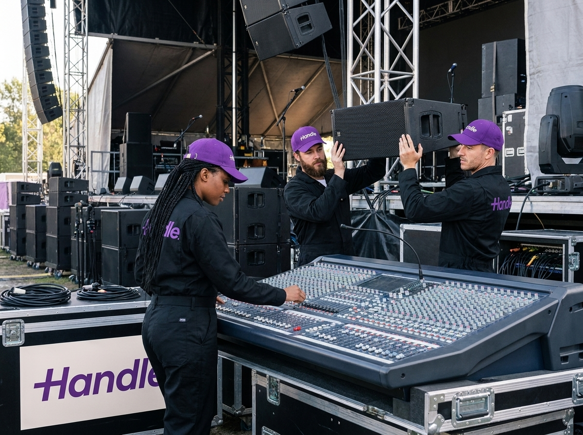 Three event staff in purple hats working with audio equipment and speakers on an outdoor stage.