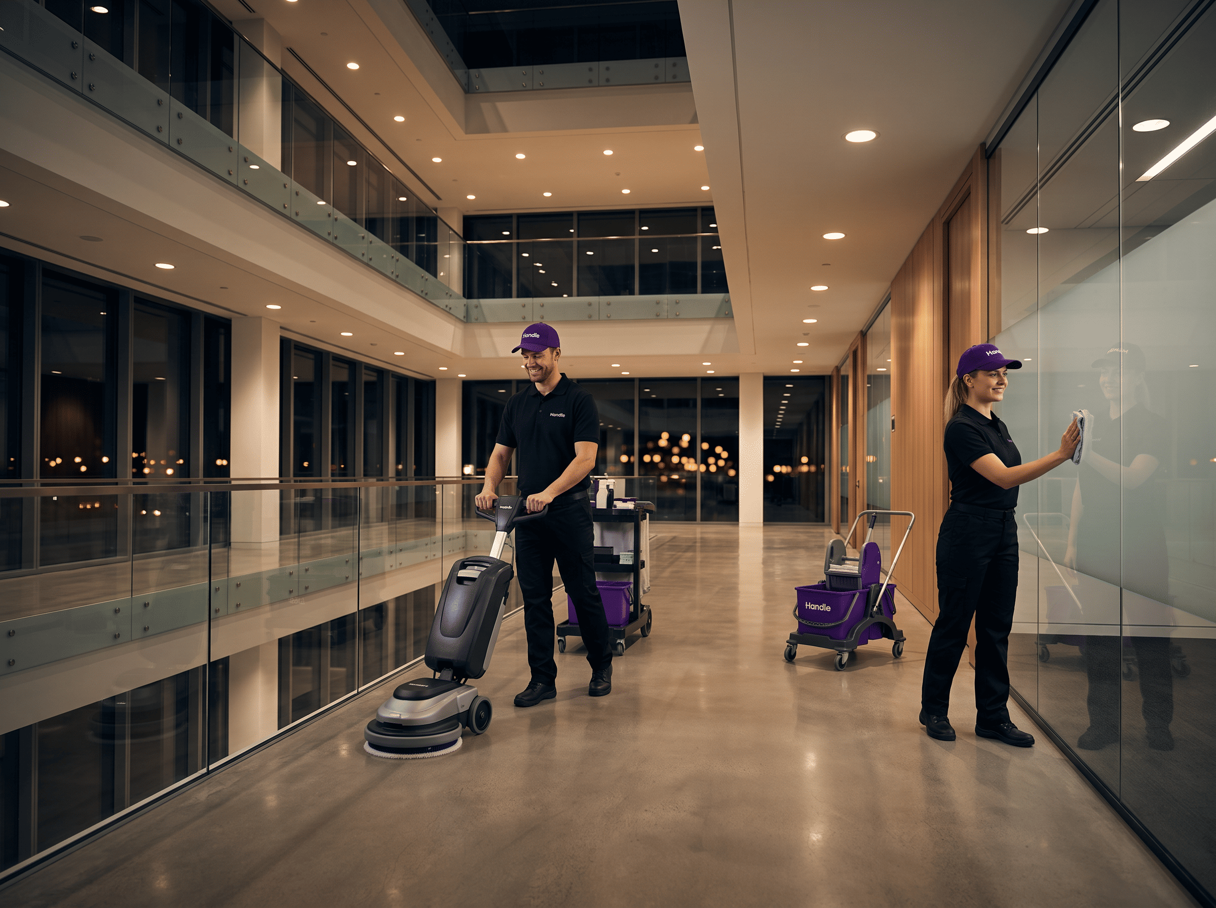 Two janitors cleaning a modern building hallway, one floor scrubbing and one wiping glass wall.