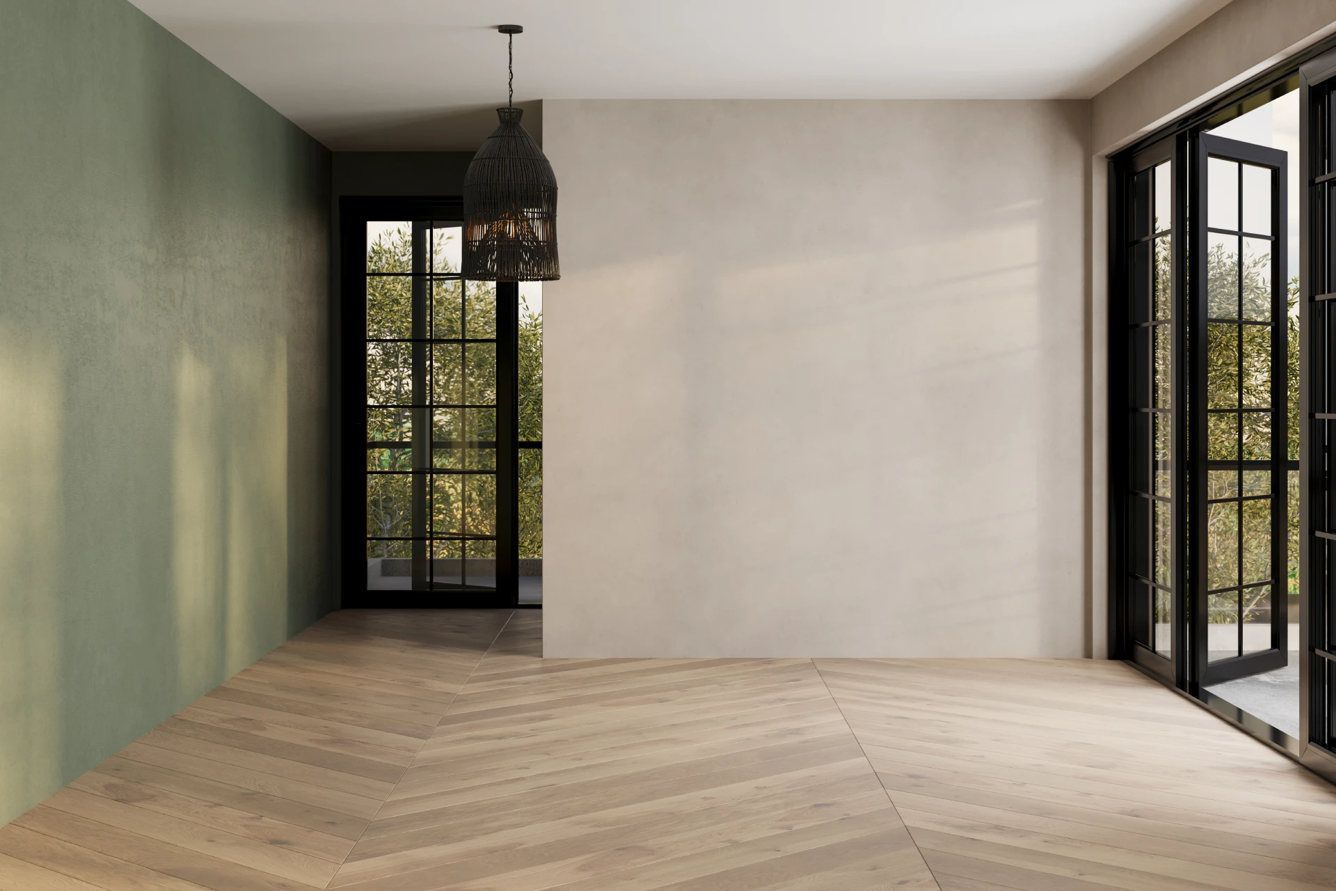 Leerer Raum mit schrägem Holzfußboden, grüner Wand, schwarzem Gitterfenster und Korblampe.