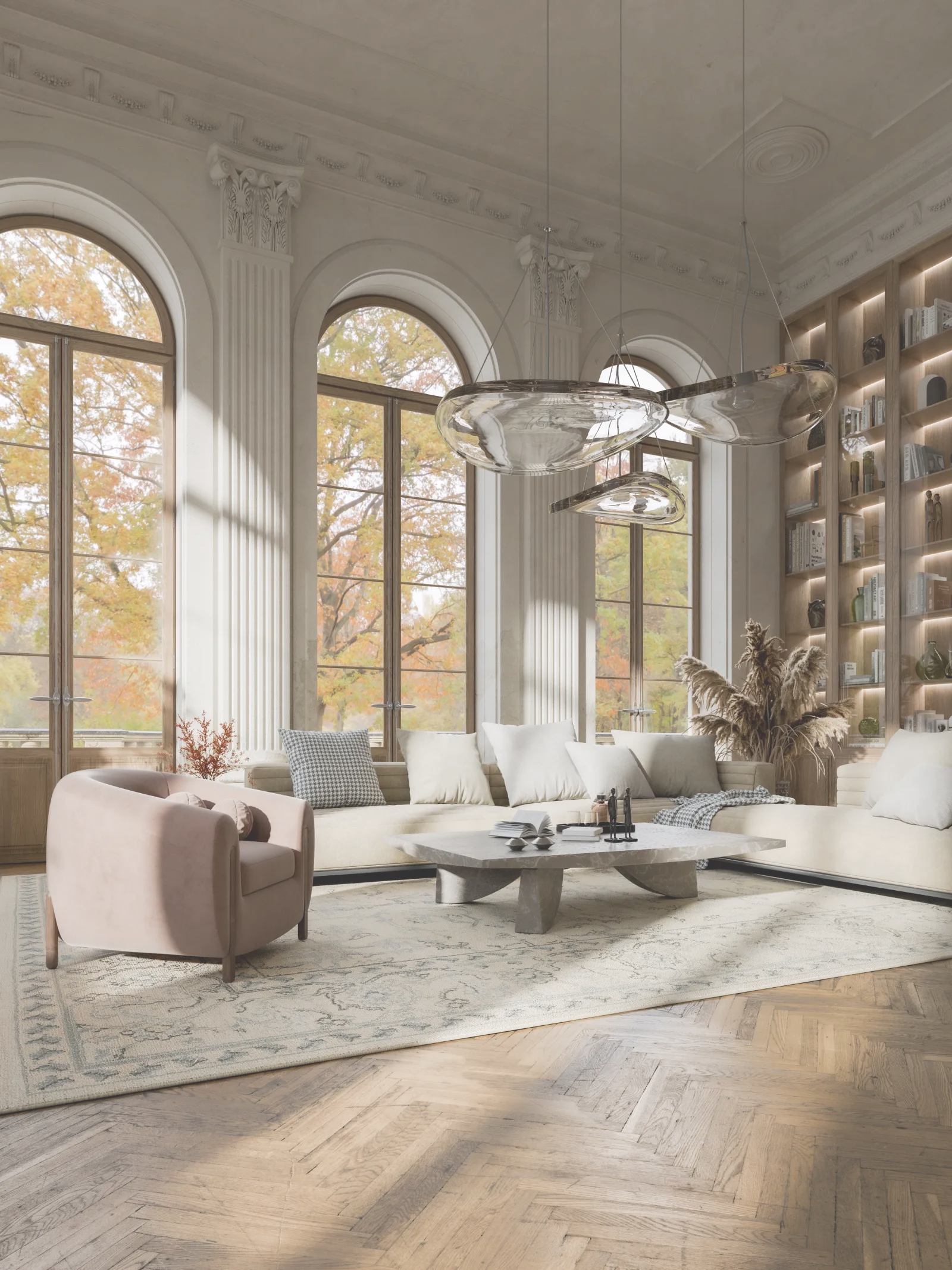 Leerer moderner Raum mit Holzfußboden, grünem und grauem Wandputz und großen Glasschiebetüren.