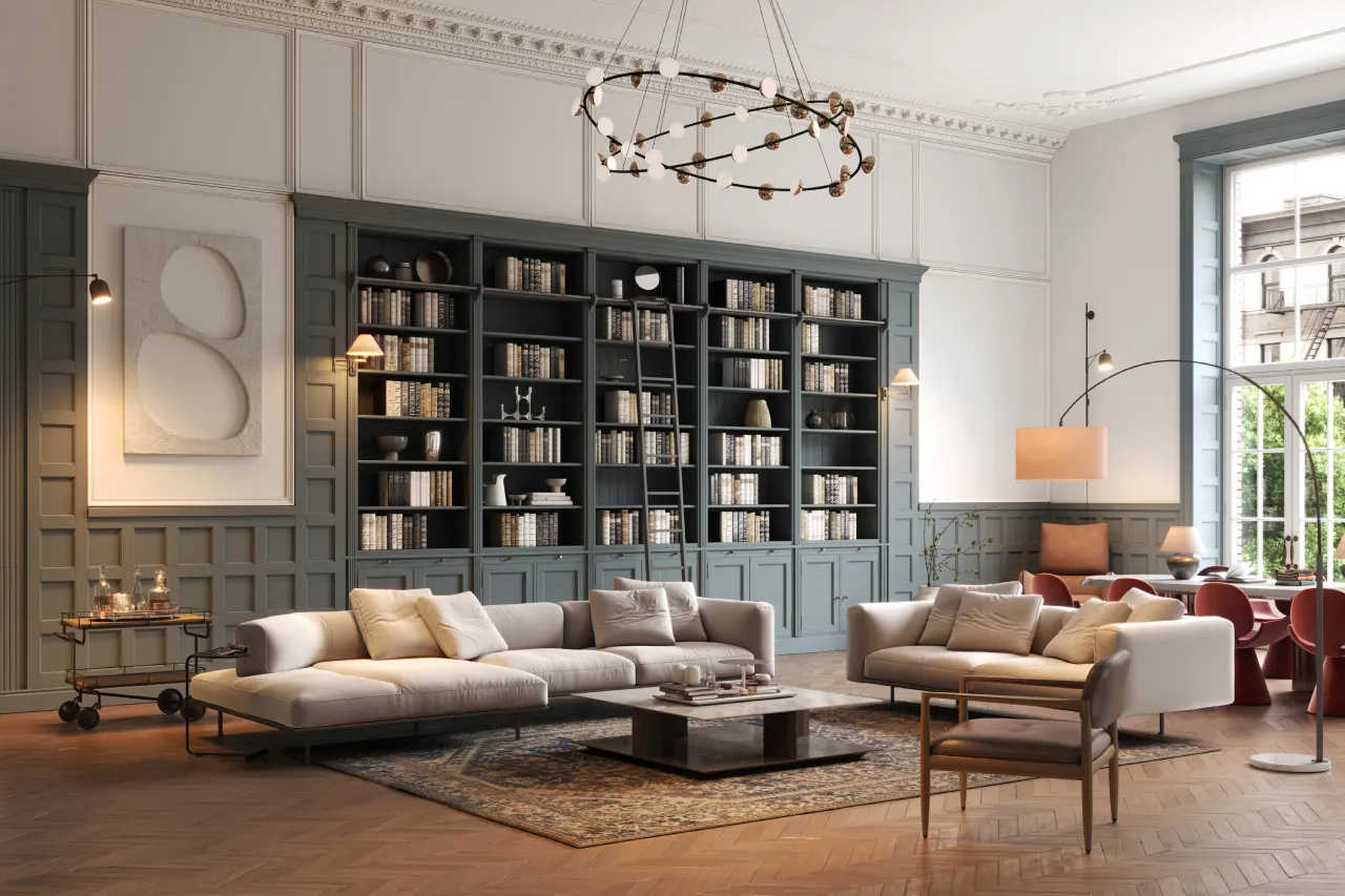 Elegantes Wohnzimmer mit zwei weißen Sofas, Bücherregal, Teppich und großem Fenster.