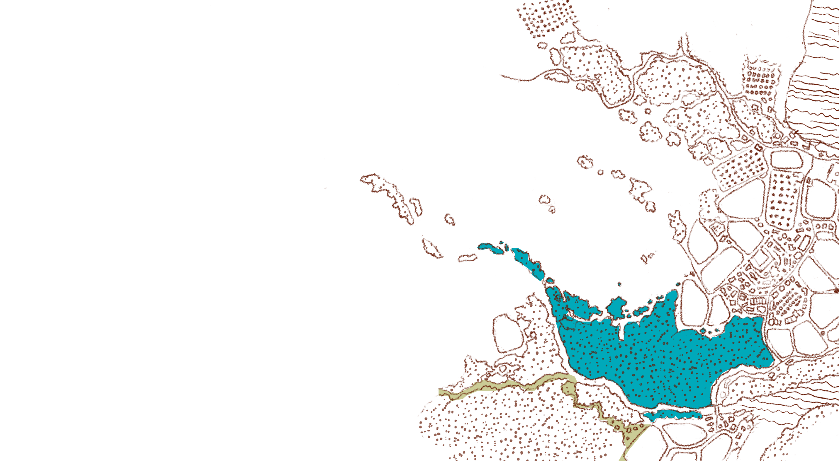 Abstract digital map with a cluster of irregular polygon shapes in brown outlines and a turquoise section representing water or a lake at the center right.