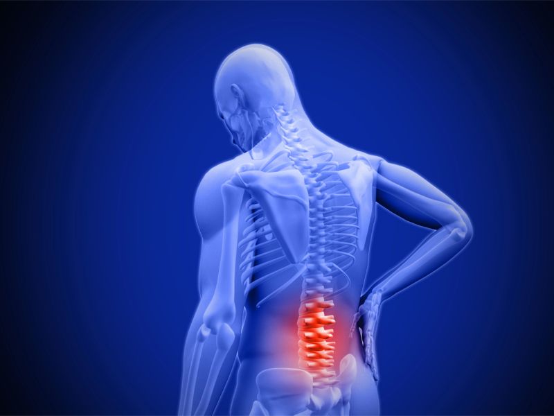 Transparent human figure showing skeleton with lower back area highlighted in red pain.