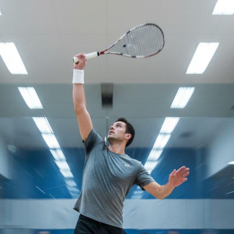 Man in gray shirt playing squash, raising racket to hit ball in an indoor court.