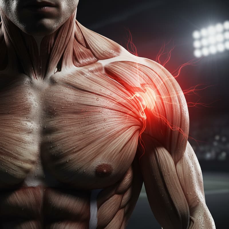 Muscular human torso showing shoulder muscles with a glowing red area indicating pain or injury.