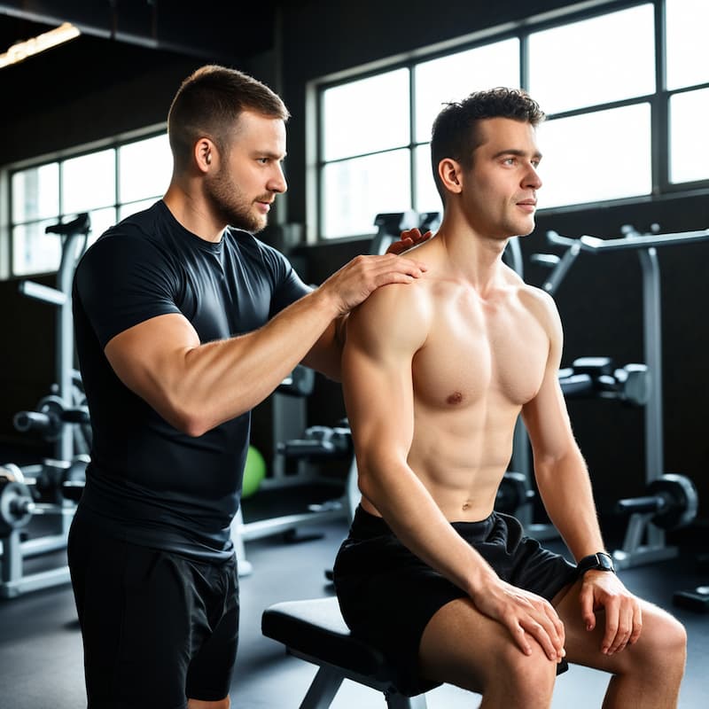 Trainer assessing shoulder mobility of shirtless man sitting on bench in gym with equipment in background.