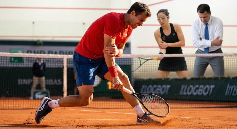 Male tennis player in red shirt hitting a ball low on clay court with two spectators in background.
