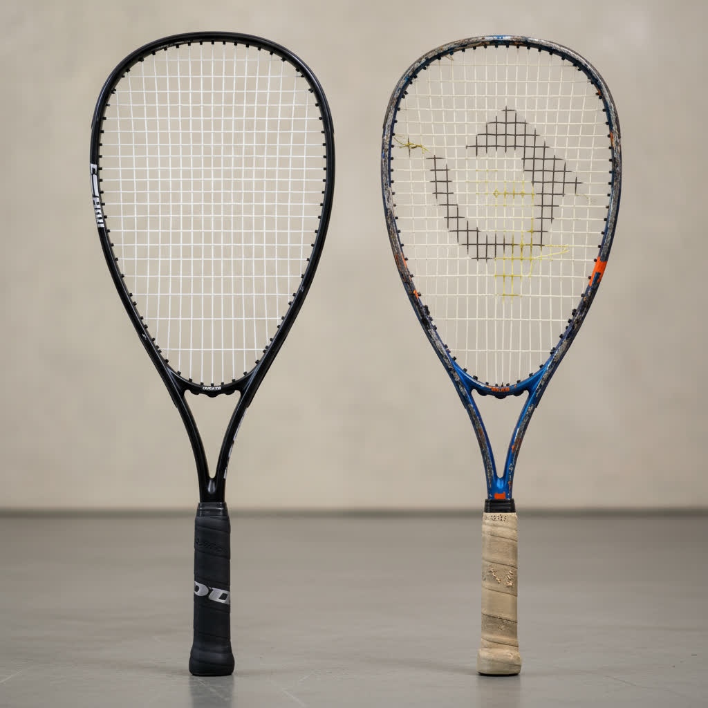 Two squash rackets side by side: one new black and one worn blue with a faded logo.