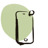 Illustration af en smartphone i sort med en lille sort blob ved øverste højre hjørne, forgrund mod en lys grøn, uregelmæssig cirkel i baggrunden.