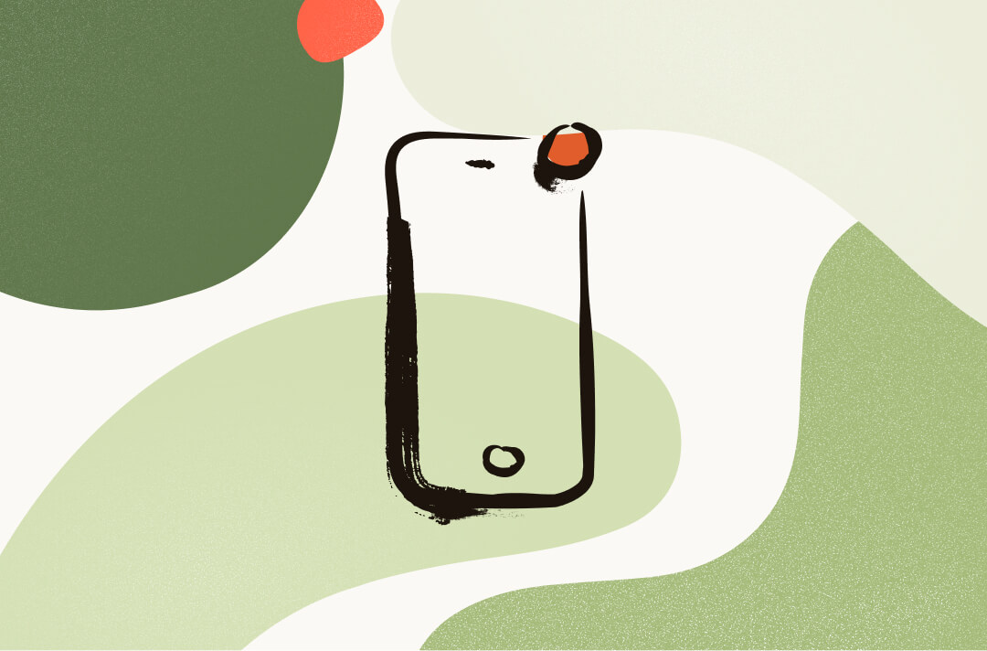 Illustratie van een gestileerde smartphone met een rood accent op de camera, omgeven door abstracte groene en rode vormen.