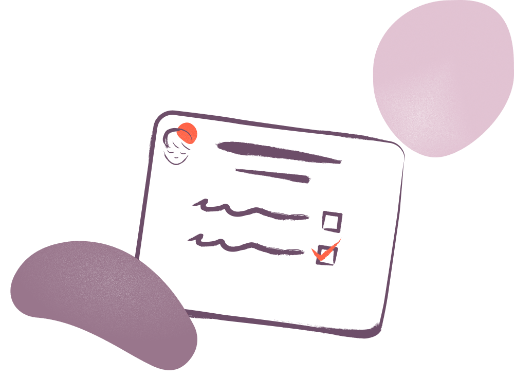 Illustration of a card with two lines of text and two checkboxes on a black background, one checkbox marked with a red check, surrounded by abstract pink and purple shapes.