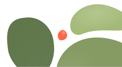 Abstrakt illustration med forskellige grønne former og en lille rød oval i midten mod en hvid baggrund.